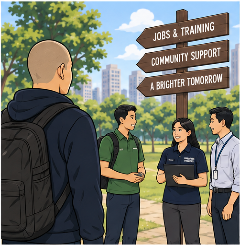 Student with backpack faces a blank signpost while three people chat on a park path near city skyline.